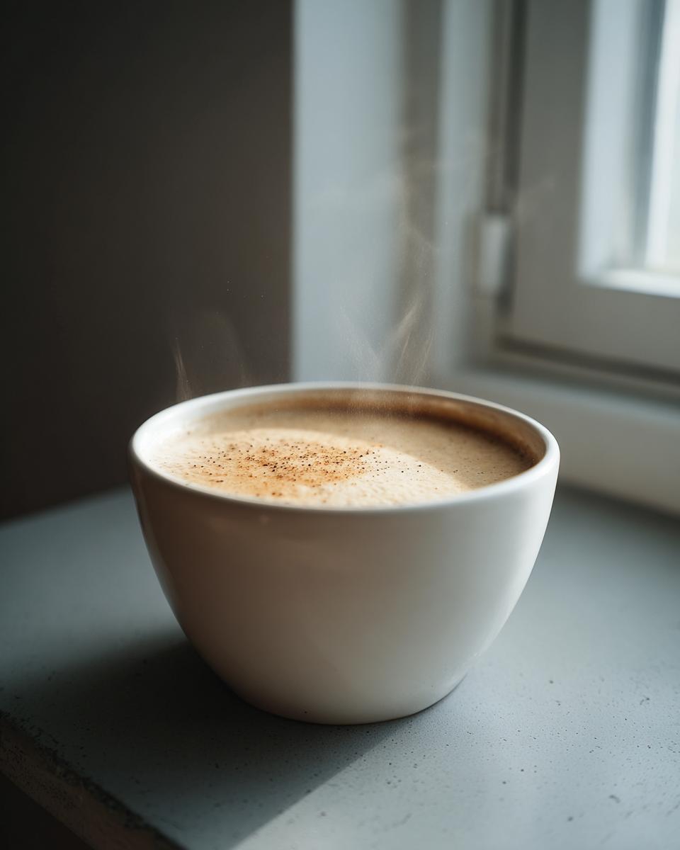 A white mug of steaming beverage, possibly coffee, sits on a windowsill, unrelated to roasted cauliflower soup.