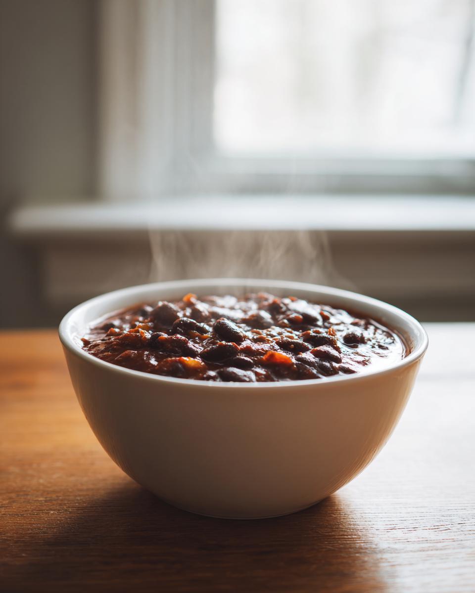A close-up of a steaming white bowl filled with rich, dark black bean chili sitting on a wooden table near a window.