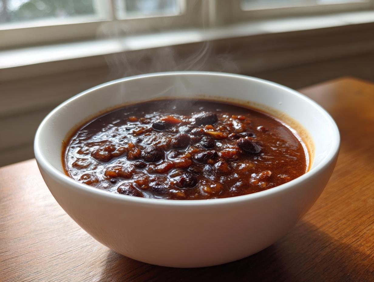 A close-up of a white bowl filled with steaming, rich black bean chili resting on a wooden table.