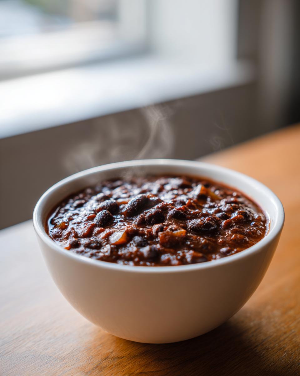 A close-up of a white bowl filled with hot, steaming black bean chili on a wooden surface.