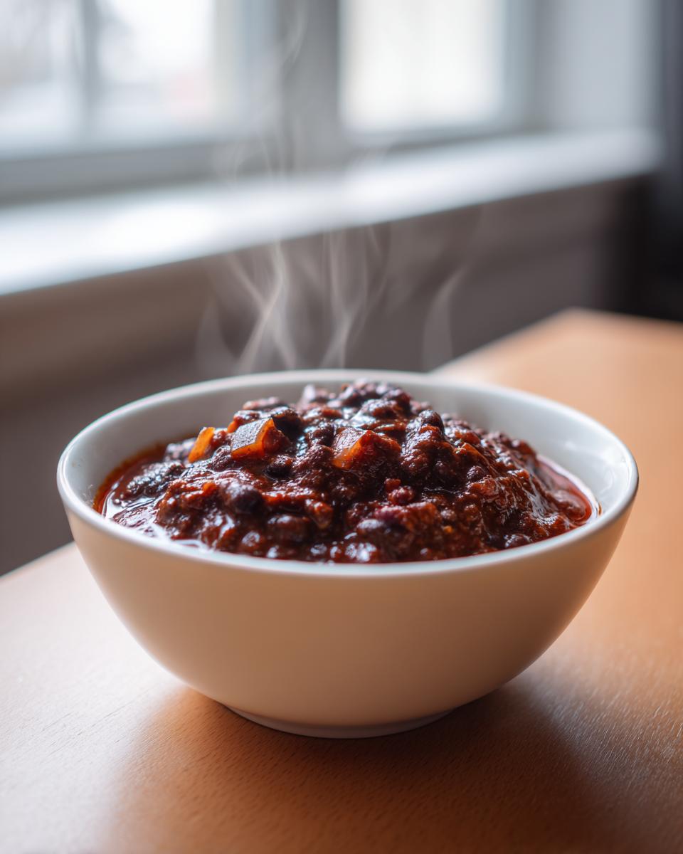 A close-up of a white bowl filled with hot, steaming black bean chili on a wooden table.