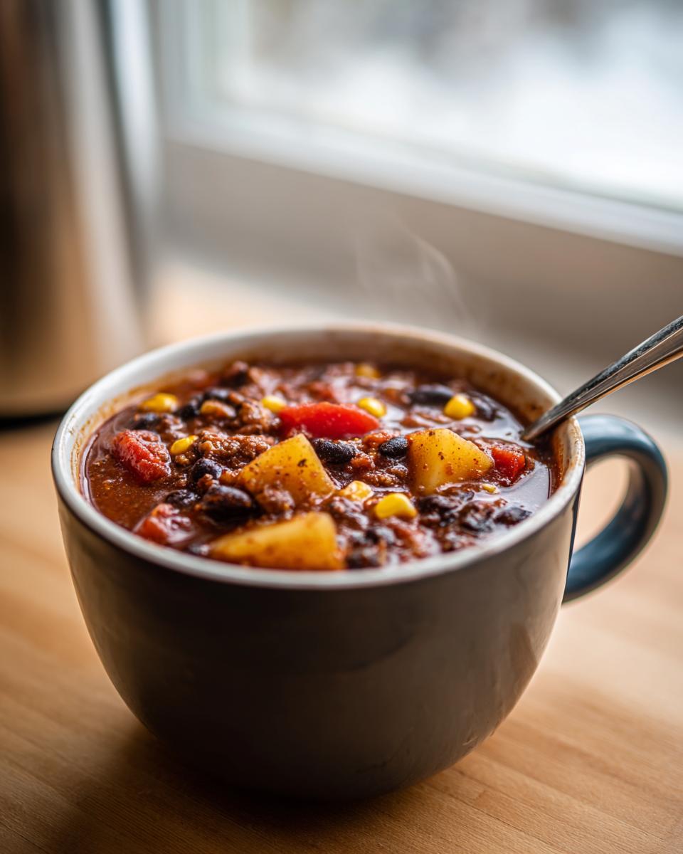 Close-up of a steaming mug filled with rich cowboy soup containing beans, corn, tomatoes, and potatoes.