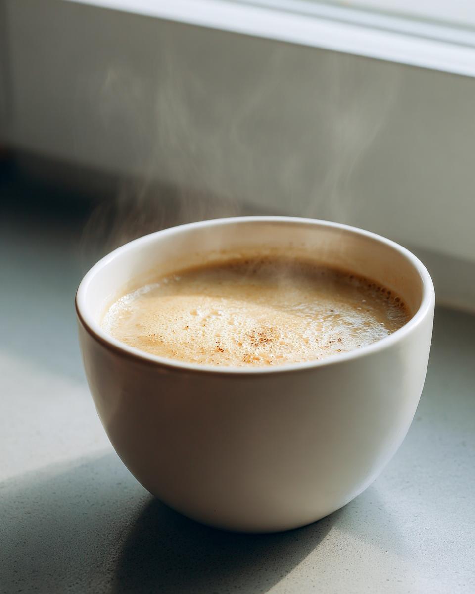 A steaming white mug of coffee or hot beverage, unrelated to roasted cauliflower soup.