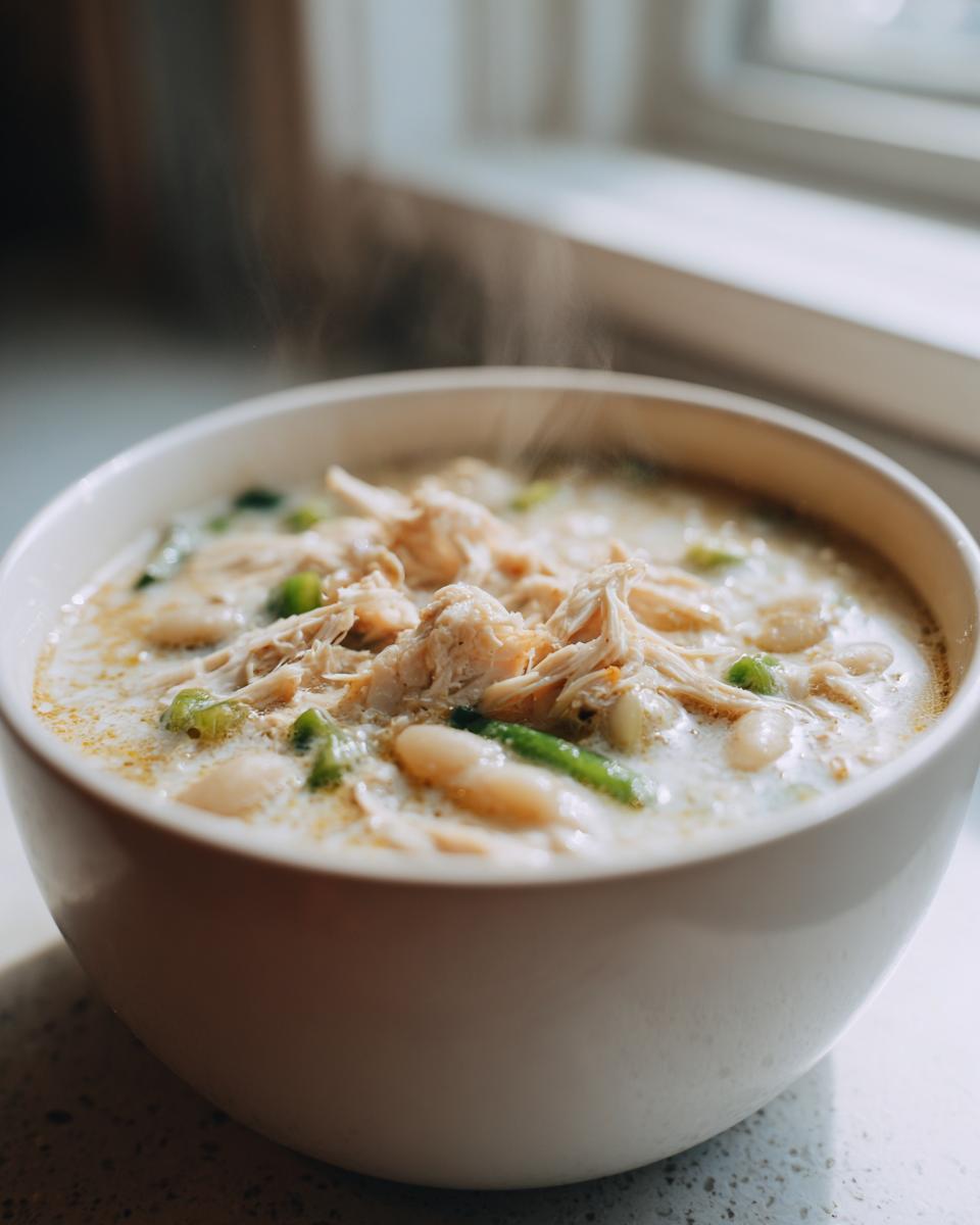 Close-up of a steaming white bowl filled with creamy instant pot white chicken chili, featuring shredded chicken and white beans.