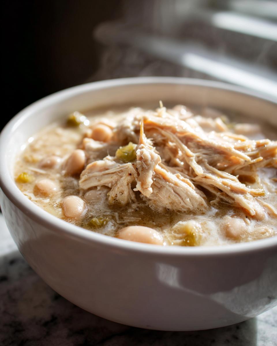 Close-up of a steaming white bowl filled with rich instant pot white chicken chili, featuring shredded chicken and white beans.