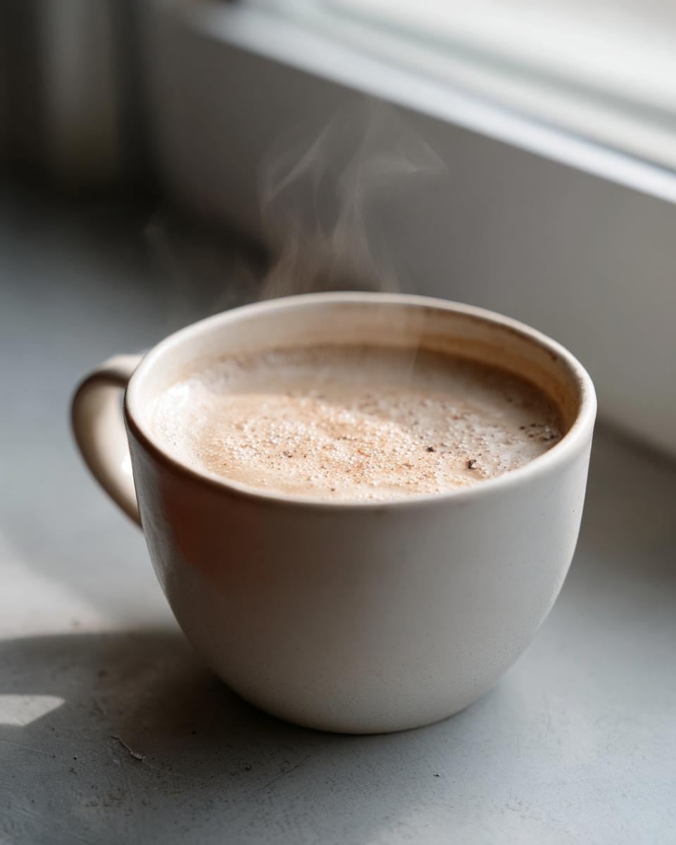 A close-up of a steaming mug, likely containing roasted cauliflower soup, sitting on a windowsill.