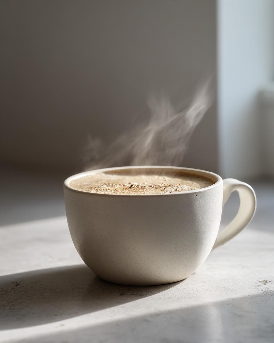 A white, speckled mug filled with steaming roasted cauliflower soup, garnished with spices.
