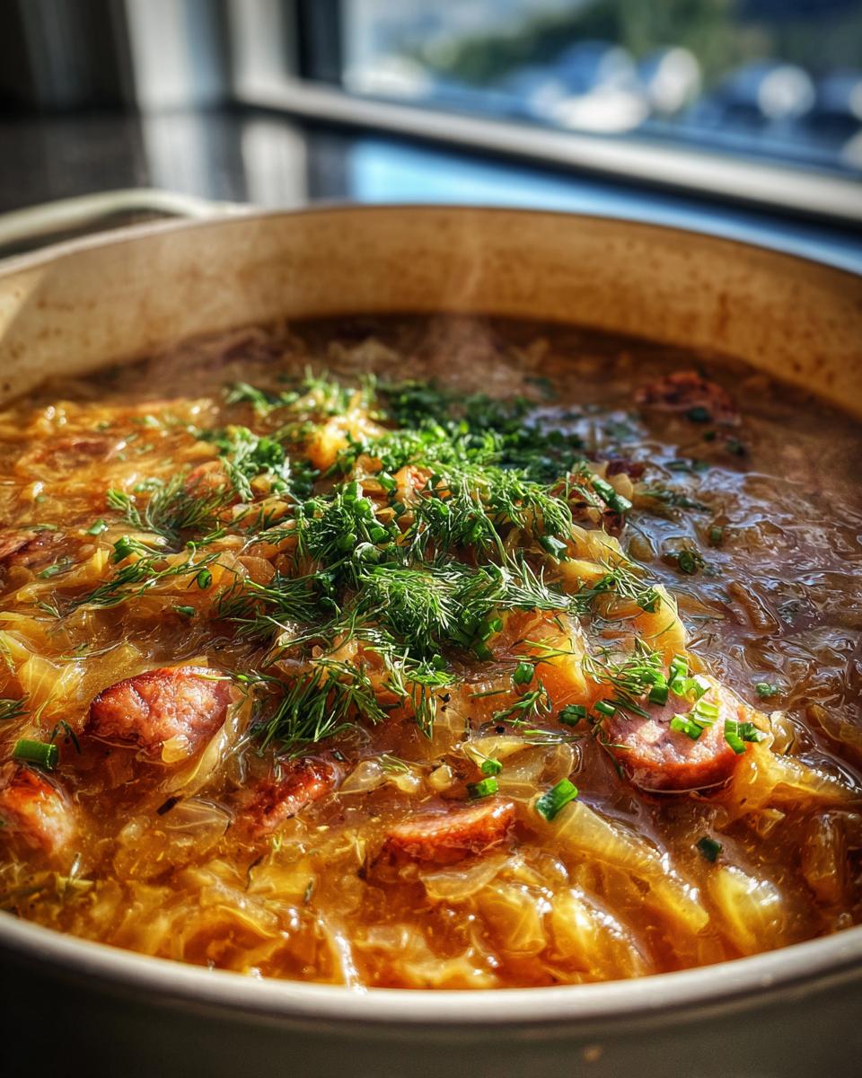 Close-up of steaming sauerkraut soup with slices of smoked sausage and fresh dill garnish in a light-colored pot.