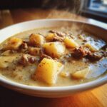 Close-up of a steaming bowl of rich, creamy sausage potato soup with large chunks of potato.