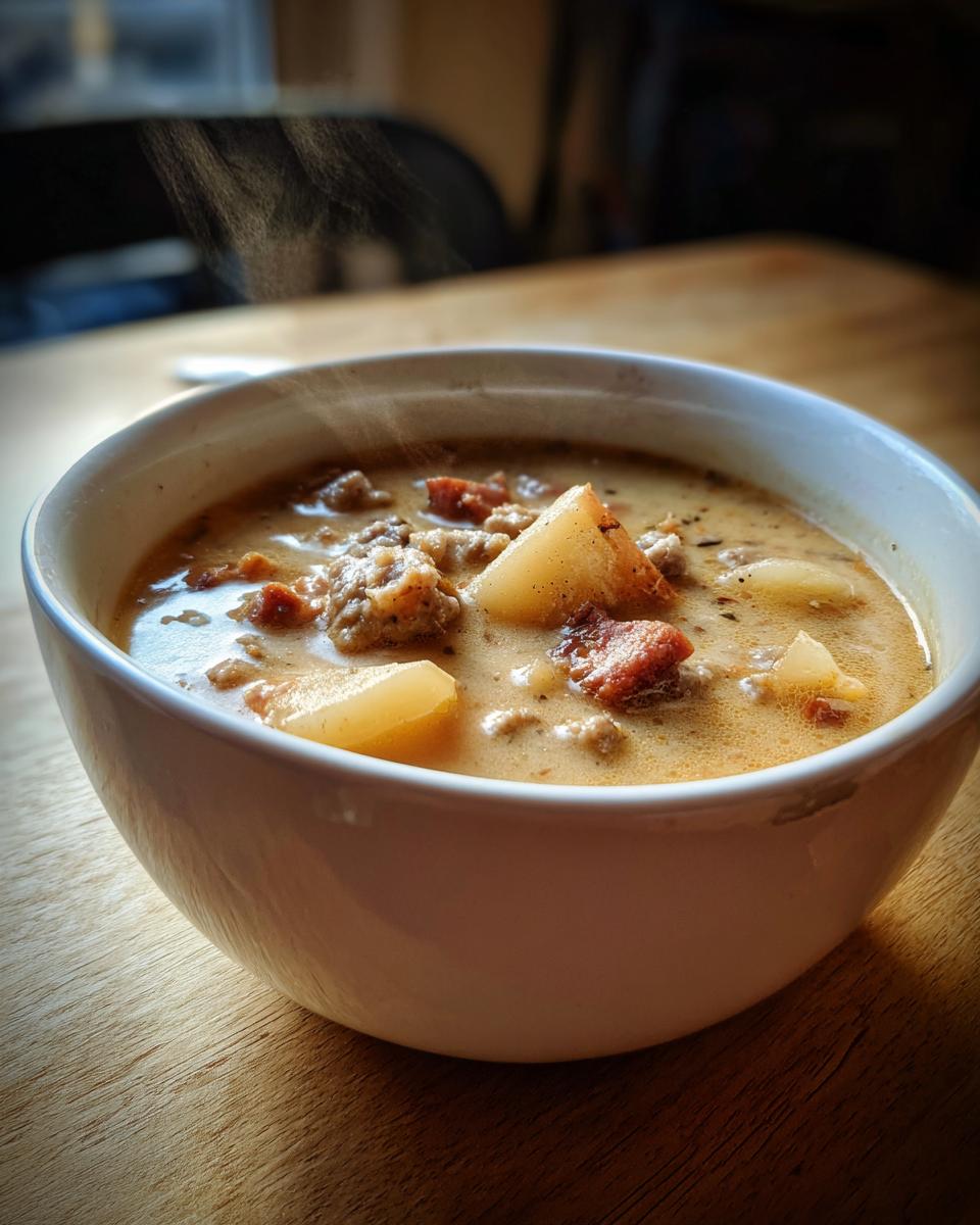 Close-up of a steaming white bowl filled with creamy sausage potato soup, showing chunks of potato and sausage.
