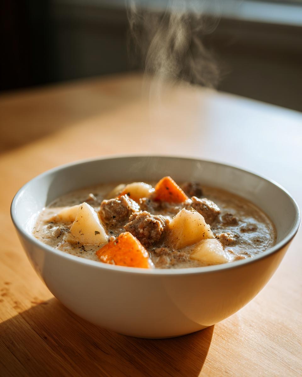 Close-up of a steaming white bowl filled with creamy sausage potato soup, featuring chunks of sausage, potatoes, and carrots.