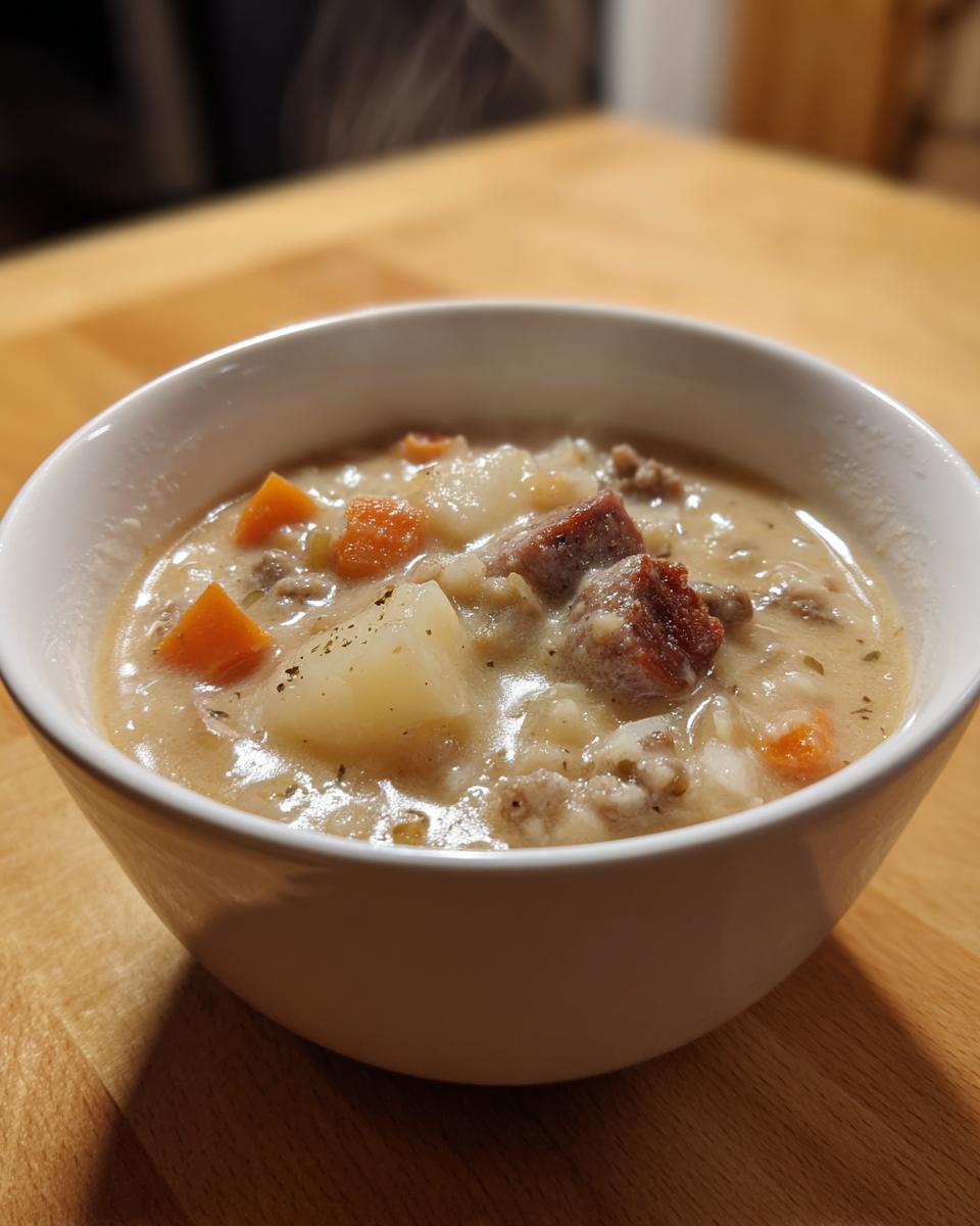 Close-up of a steaming white bowl filled with creamy sausage potato soup, featuring chunks of sausage, potatoes, and carrots.