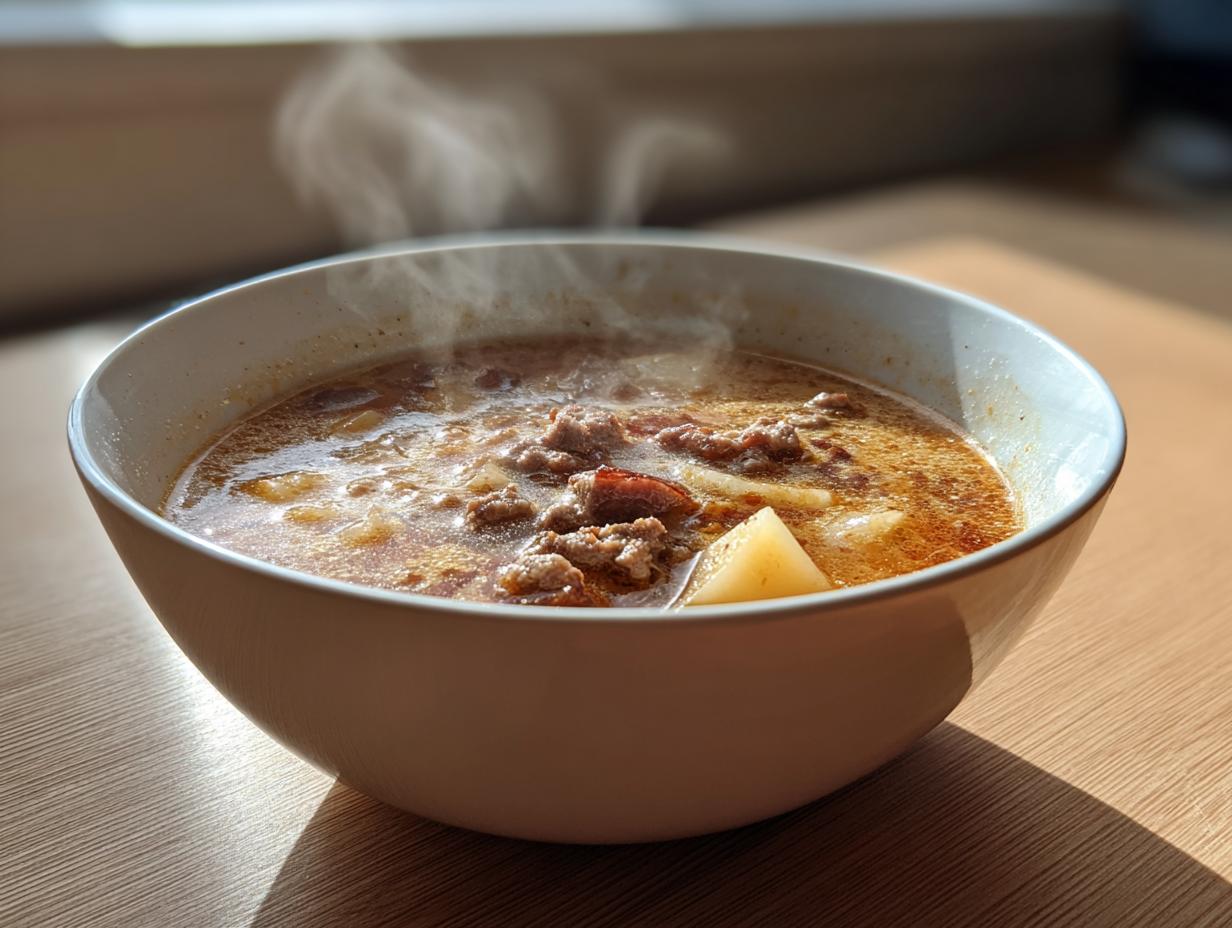A steaming white bowl filled with rich, hearty sausage potato soup, featuring chunks of potato and ground sausage.