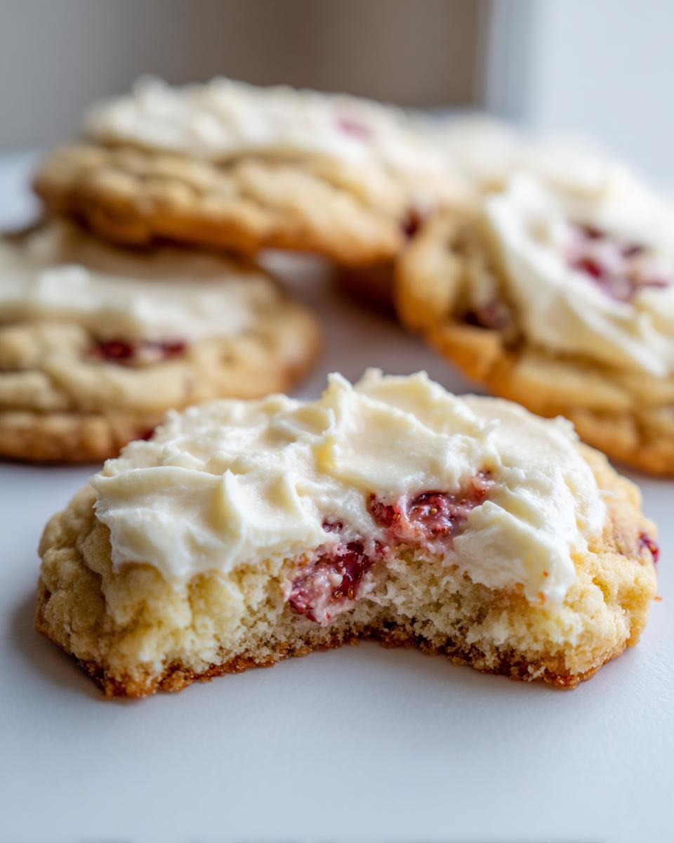 Close-up of a bitten strawberry cheesecake cookies showing the soft interior, strawberry filling, and thick cream cheese frosting.