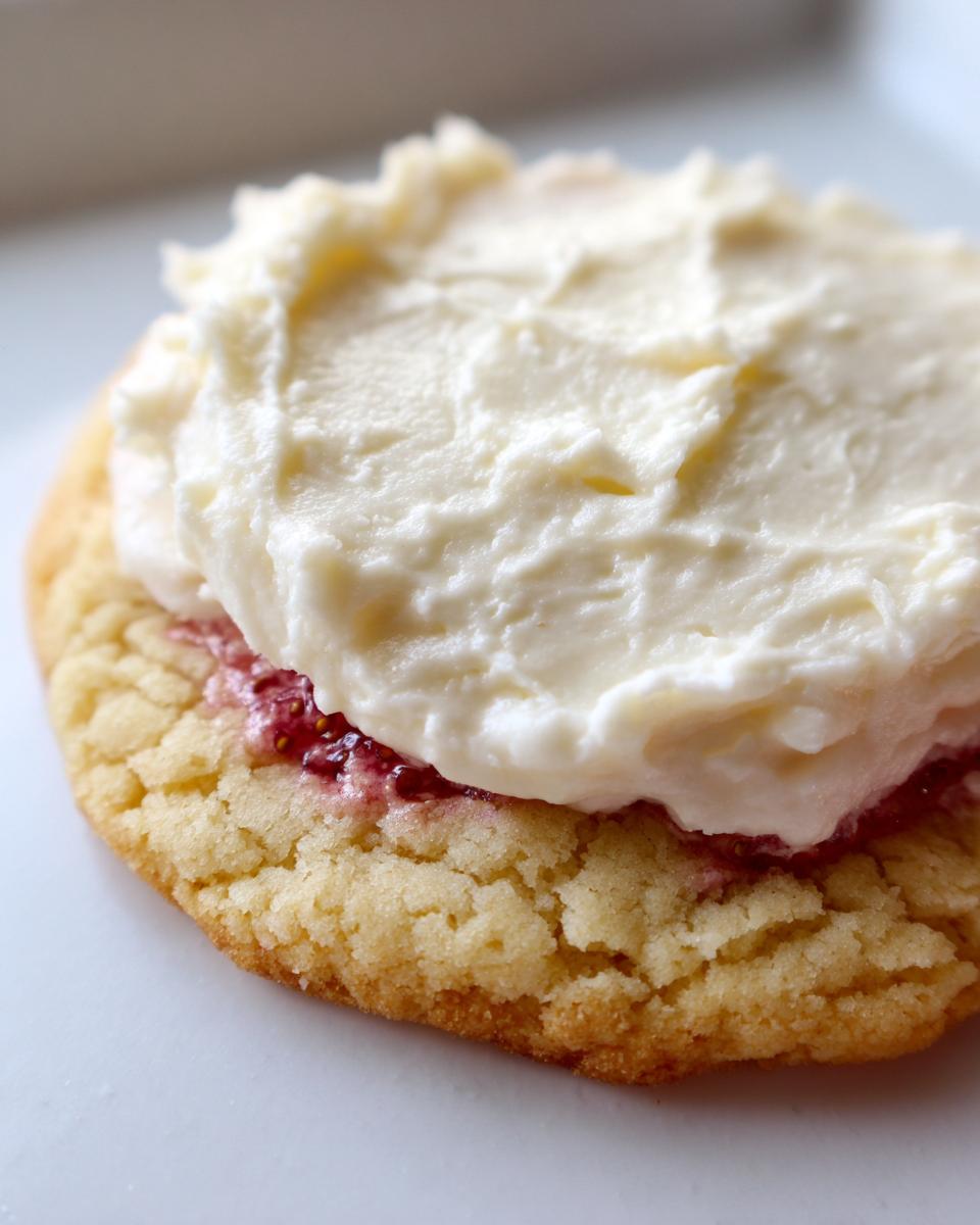 Close-up of a single strawberry cheesecake cookie topped with thick cream cheese frosting and a layer of strawberry jam.