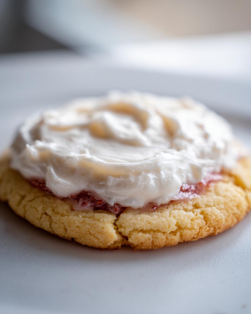 A close-up, macro shot of one strawberry cheesecake cookies topped with thick cream cheese frosting and a layer of strawberry filling.