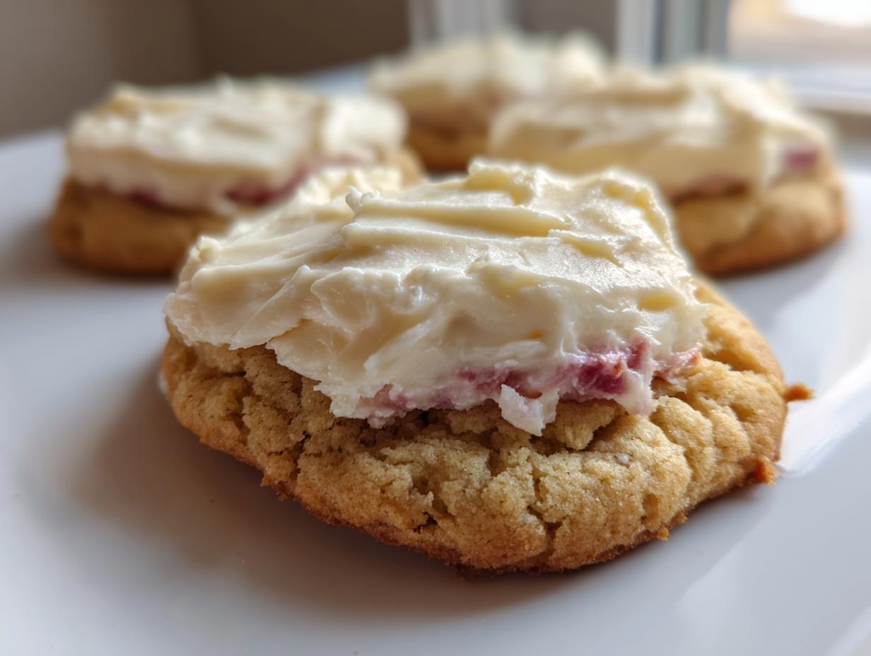 A close-up of one of the amazing strawberry cheesecake cookies topped with thick, creamy white frosting.