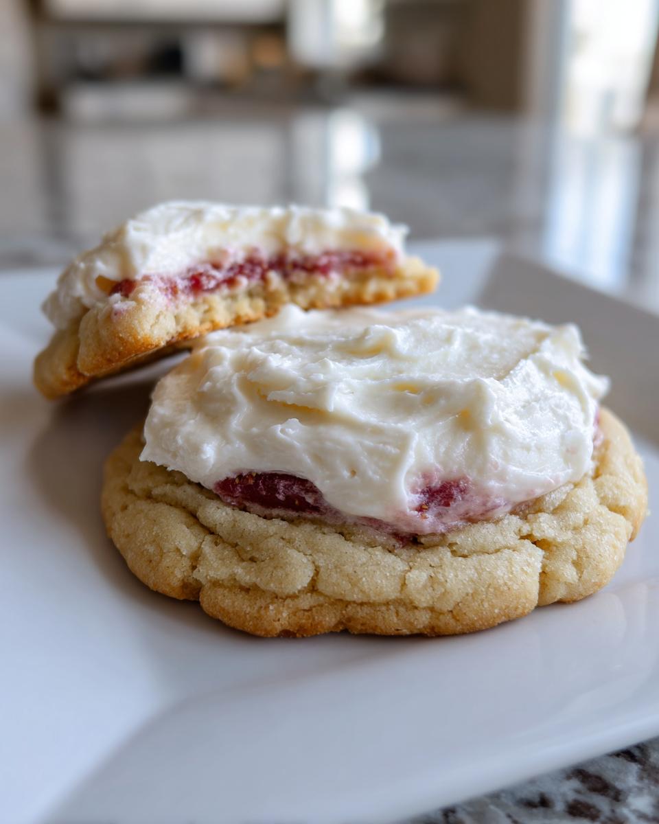 Two delicious strawberry cheesecake cookies on a white plate, one cut in half showing the strawberry filling.