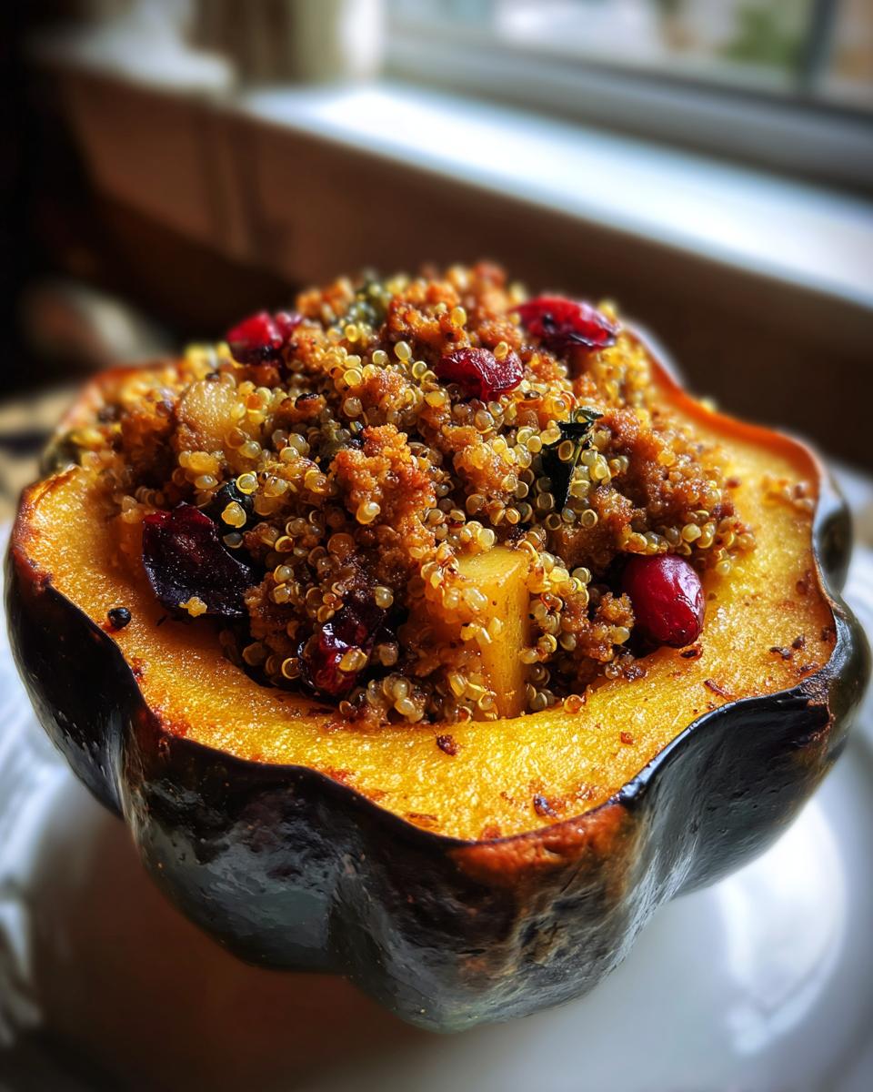 A close-up view of a roasted acorn squash half filled with savory quinoa stuffing, cranberries, and diced fruit, representing a stuffed acorn squash.