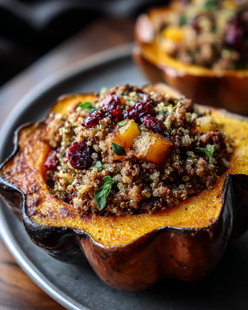 Close-up of a roasted acorn squash half filled with a savory quinoa stuffing, dried cranberries, and herbs, showcasing the stuffed acorn squash.