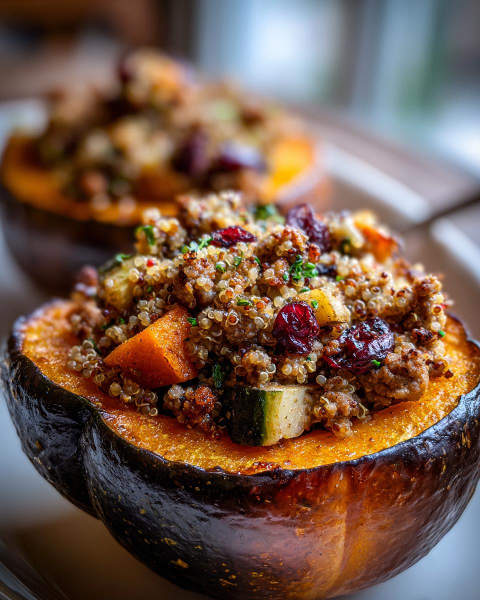 A close-up of a roasted acorn squash half filled with quinoa stuffing, cranberries, and zucchini, showcasing the delicious stuffed acorn squash.