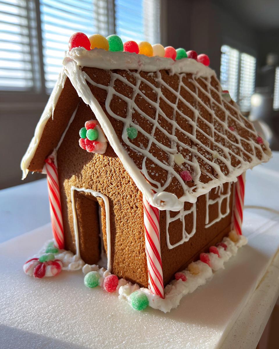 A finished gingerbread house decorated with white icing, candy canes, and gumdrops, made using the sturdy gingerbread house recipe.