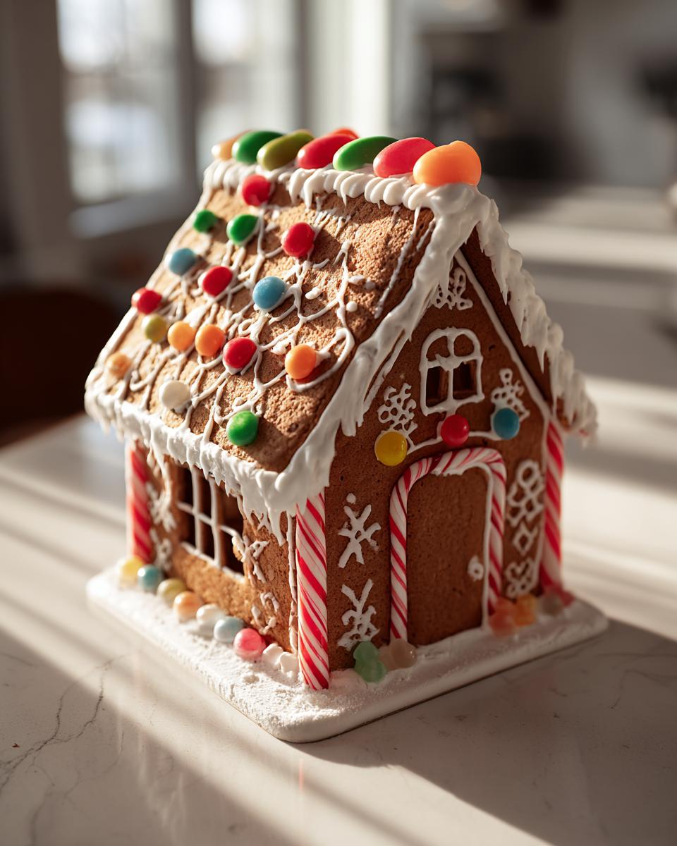 A beautifully decorated gingerbread house recipe creation featuring colorful candies and white icing trim, set on a bright countertop.