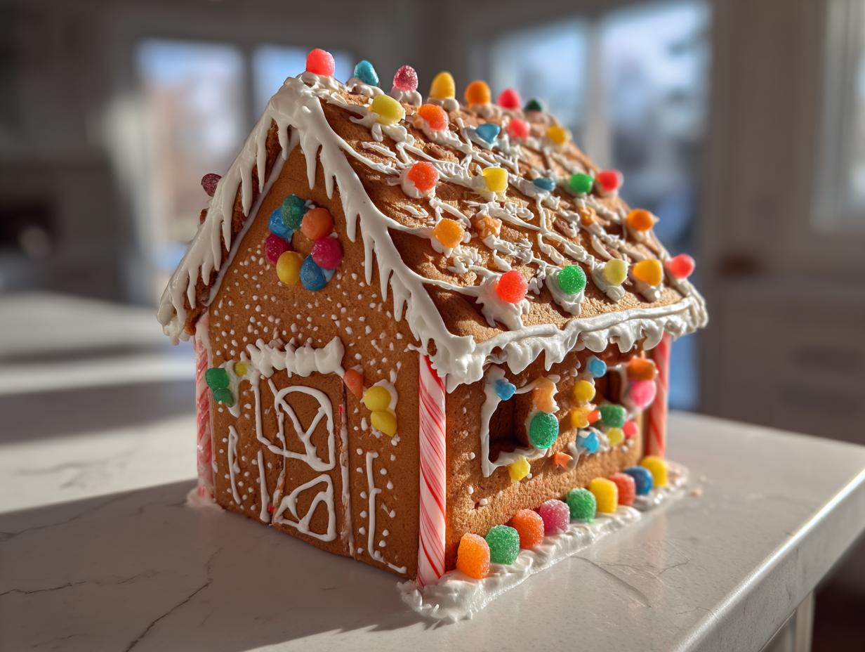 A fully decorated gingerbread house recipe creation featuring colorful candies and white icing trim, sitting on a counter.