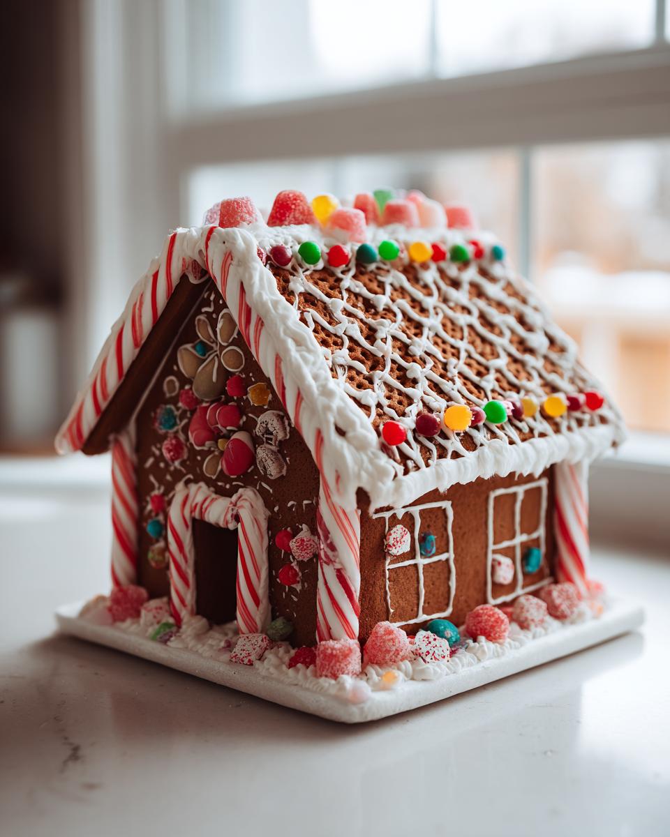 A beautifully decorated gingerbread house made using a sturdy gingerbread house recipe, adorned with candy canes and colorful gumdrops.