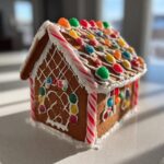 A fully decorated gingerbread house recipe creation featuring colorful candies and white icing trim.