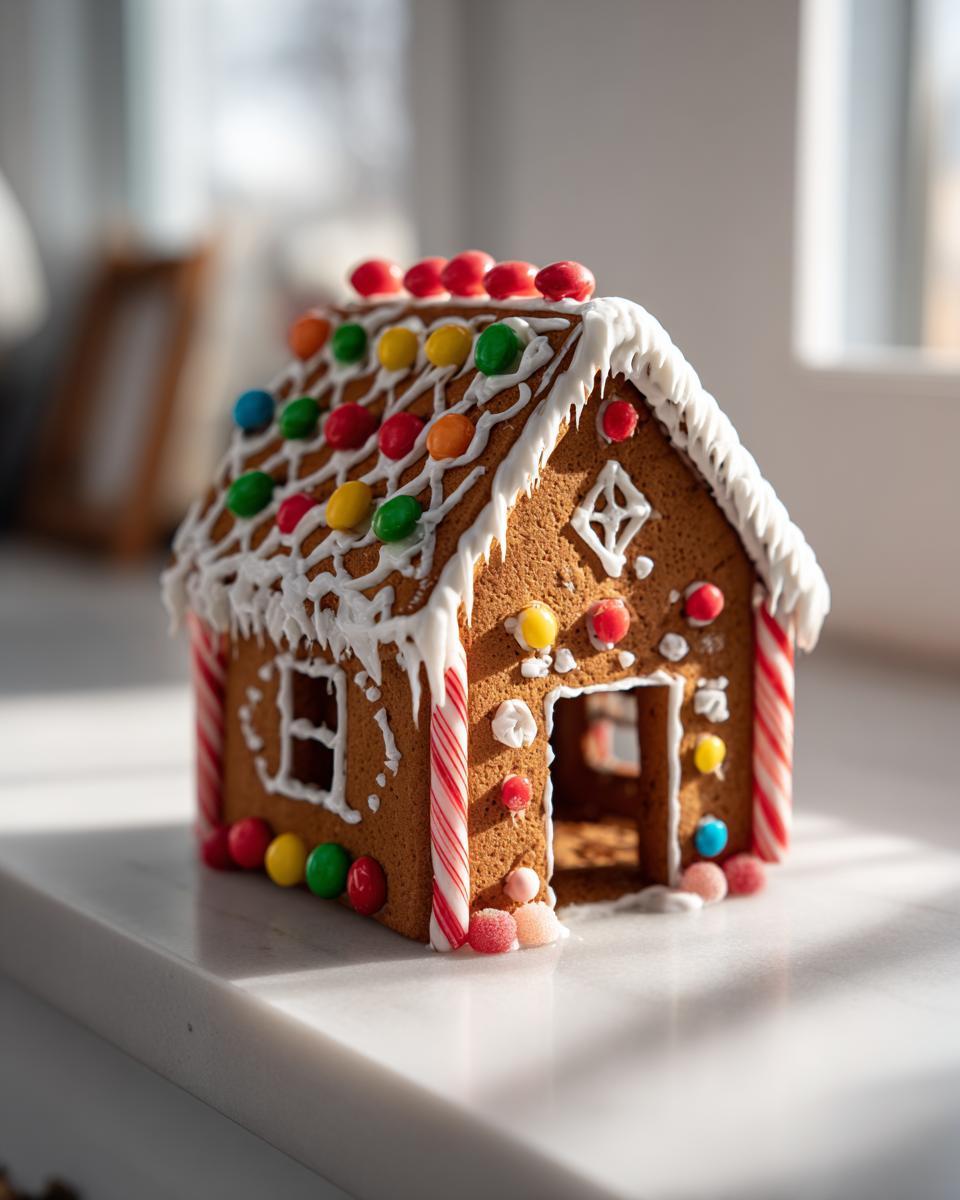 A small, decorated gingerbread house made using a sturdy gingerbread house recipe, adorned with colorful candies and white icing.