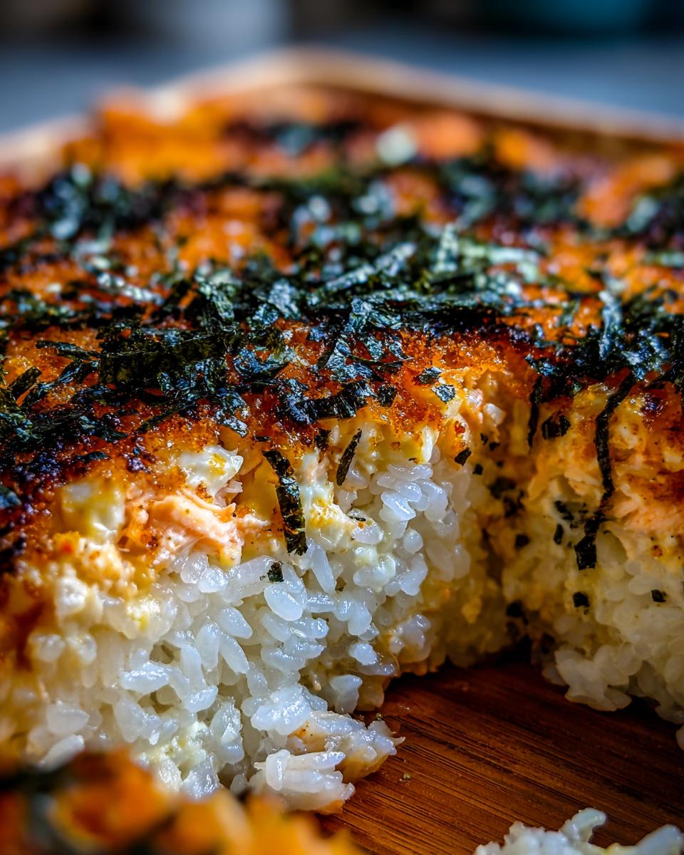 A close-up, cross-section view of a freshly baked sushi bake showing the fluffy white rice layer beneath the creamy topping and nori flakes.