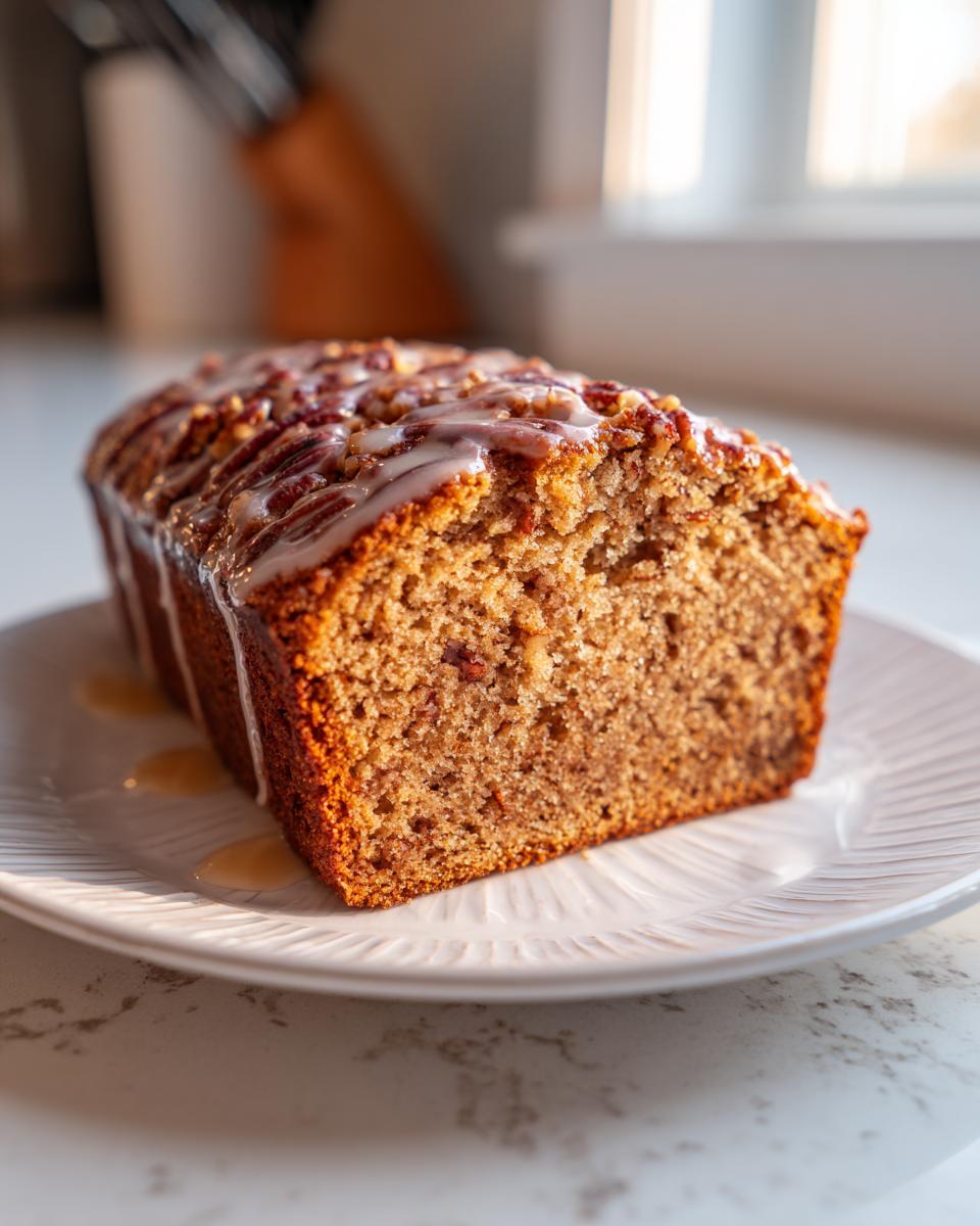 A close-up of a slice of sweet Alabama pecan bread loaf, drizzled with white glaze and pecans.