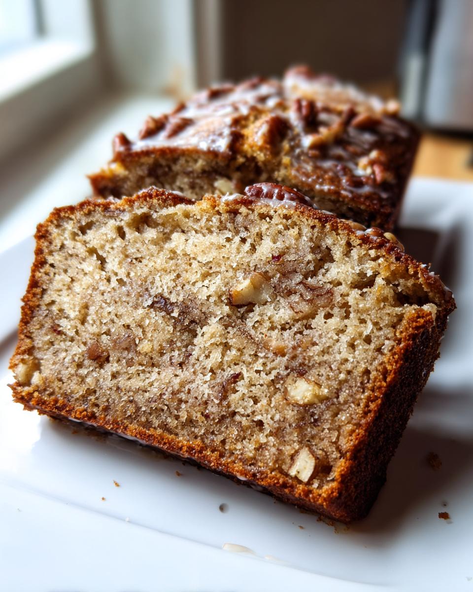 Close-up of a thick slice of Sweet Alabama Pecan Bread showing pecans and moist crumb, with the rest of the loaf glazed behind it.