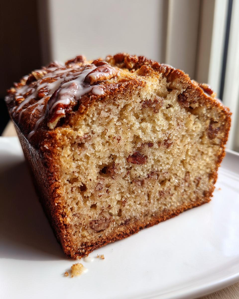 A close-up cross-section of sweet Alabama pecan bread showing moist crumb, pecans, and a drizzle of white icing.