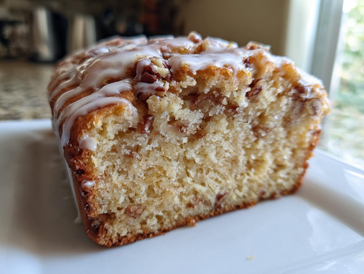A close-up cross-section of moist Sweet Alabama Pecan Bread topped with pecans and a white sugar glaze.