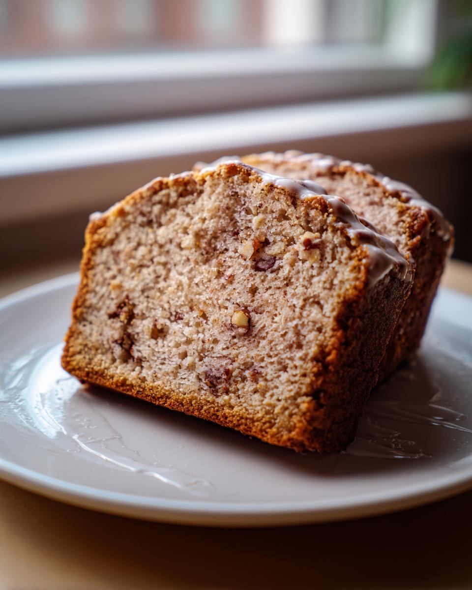 Two thick slices of Sweet Alabama Pecan Bread, showing pecans inside and a light glaze on top, served on a white plate.