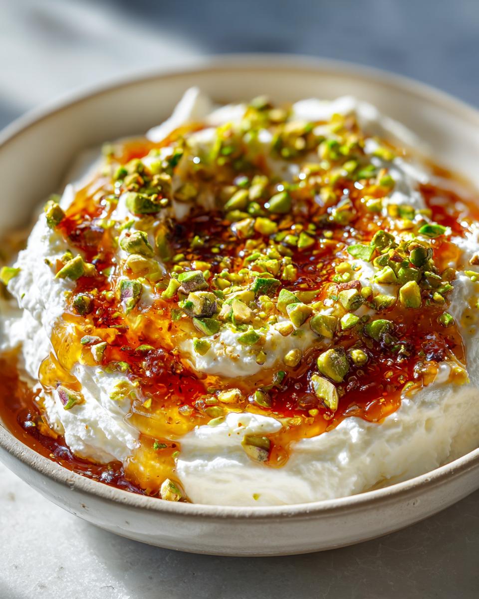A close-up of a creamy ricotta dip topped with golden honey drizzle and chopped green pistachios.