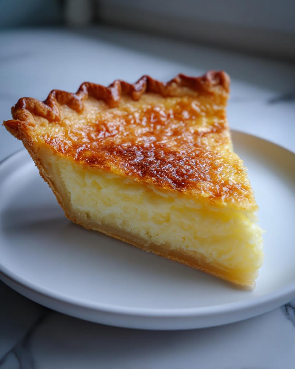 A close-up slice of buttermilk pie showing the creamy yellow filling and deeply browned, flaky crust edge.
