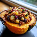 A roasted half of stuffed acorn squash filled with quinoa, sausage, dried cranberries, and diced apples.