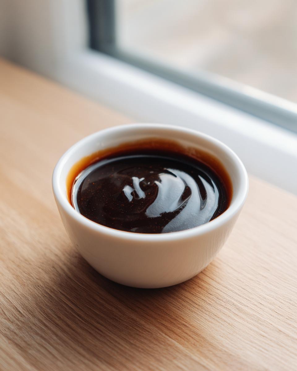A small white bowl filled with thick, glossy homemade teriyaki sauce, set on a light wooden surface near a window.