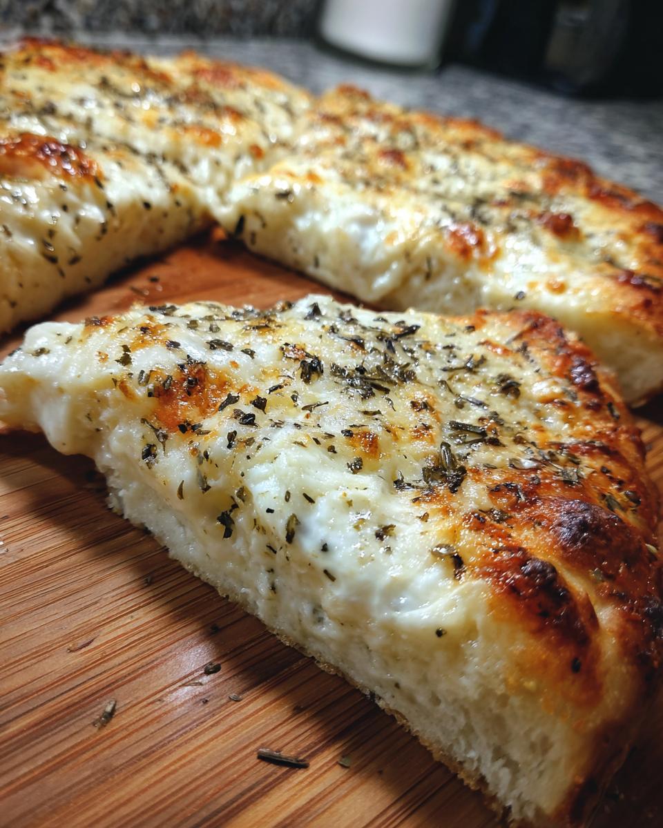 Close-up of a thick slice of pizza bread topped with creamy white pizza sauce, melted cheese, and herbs.