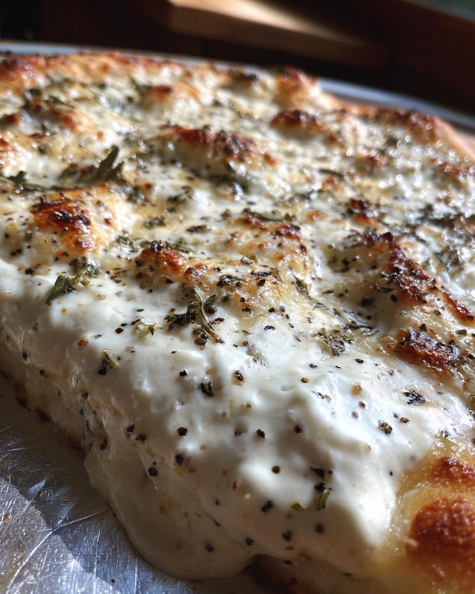 Close-up of thick, creamy white pizza sauce generously spread on a baked crust, topped with herbs.