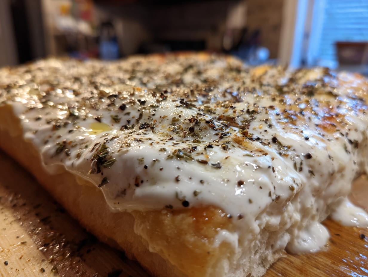Close-up of thick white pizza sauce generously spread over bread dough and topped with herbs and pepper.