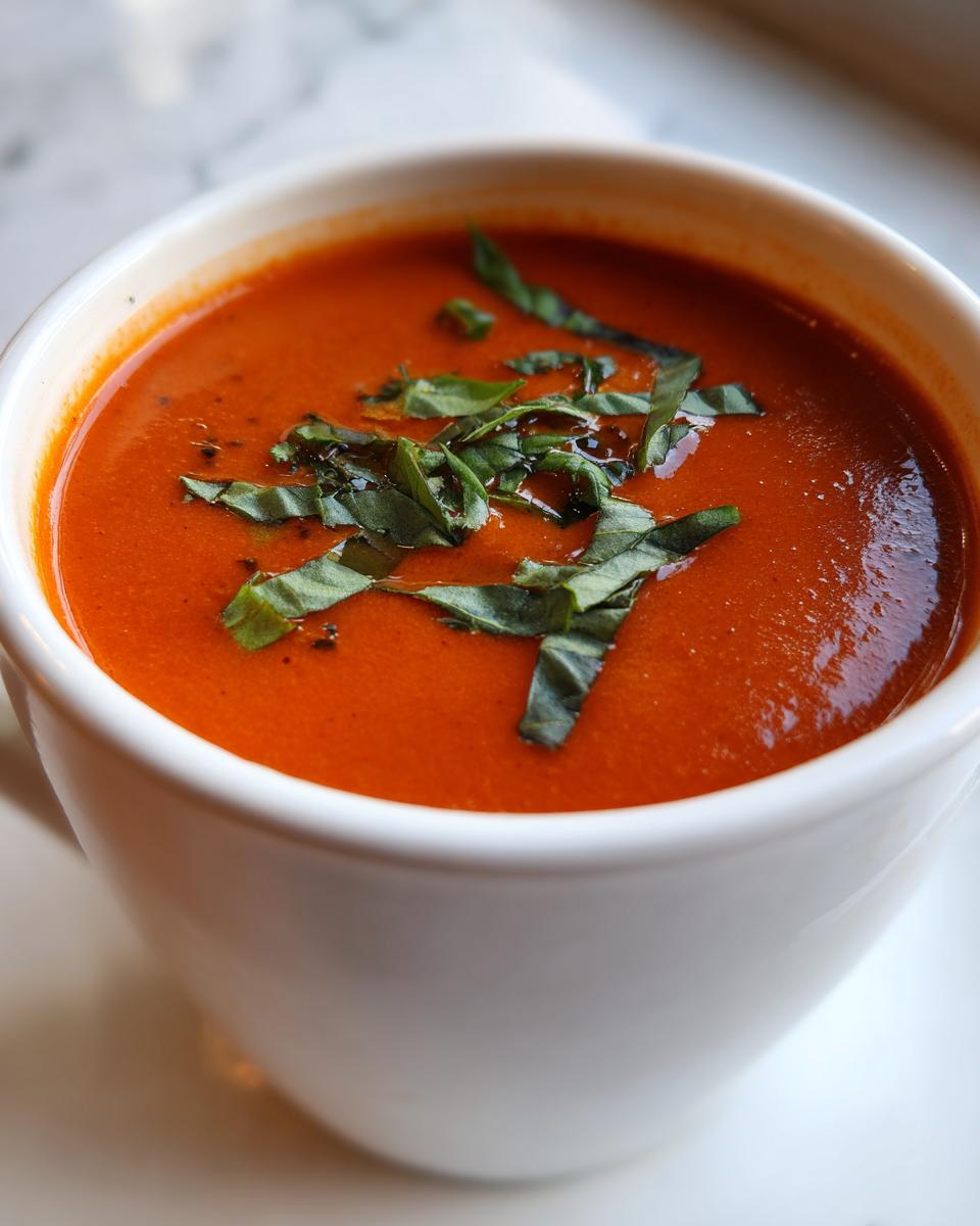 Close-up of a rich, vibrant red tomato bisque served in a white mug, topped with chiffonade basil.