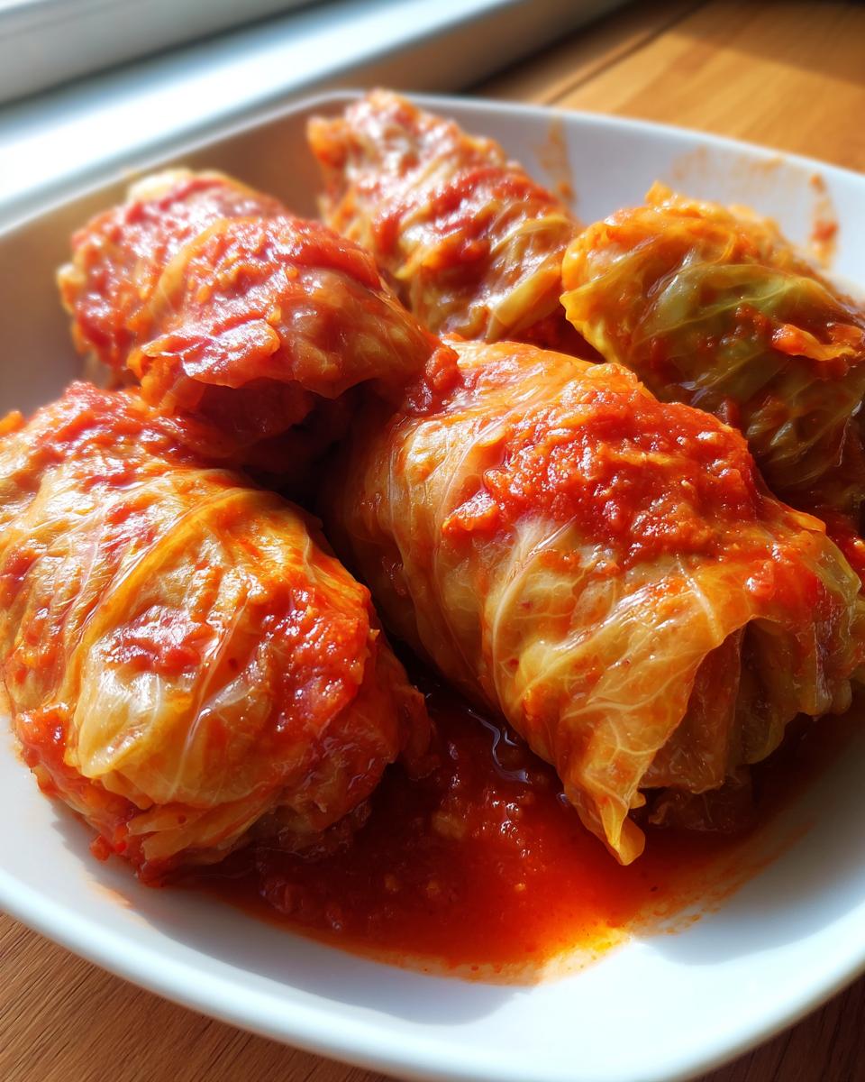 Close-up of several homemade cabbage rolls simmering in a rich, bright red tomato sauce in a white bowl.