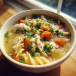 Close-up of a steaming bowl of turkey noodle soup featuring shredded turkey, spiral pasta, carrots, and fresh parsley.