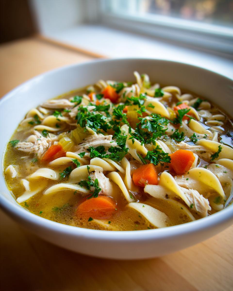 Close-up of a white bowl filled with rich turkey noodle soup, featuring egg noodles, shredded turkey, carrots, and fresh parsley.