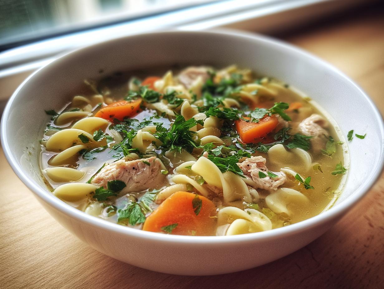 A close-up of a white bowl filled with steaming turkey noodle soup, featuring chunks of turkey, egg noodles, carrots, and fresh parsley.