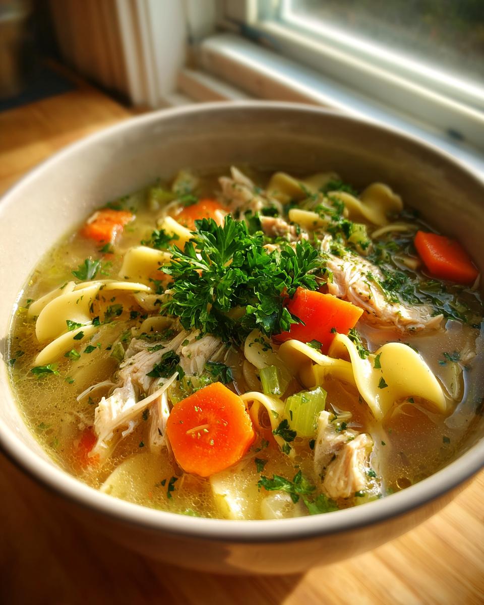 A close-up view of a steaming bowl of turkey noodle soup, filled with shredded turkey, wide egg noodles, carrots, and parsley.